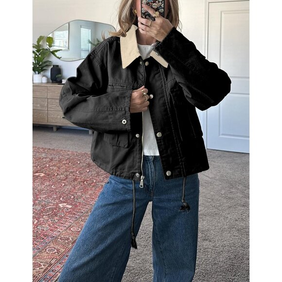 Women Black Cropped Utility Cargo Coat Contrast Collar Barn Outwear - Picture 3 of 6